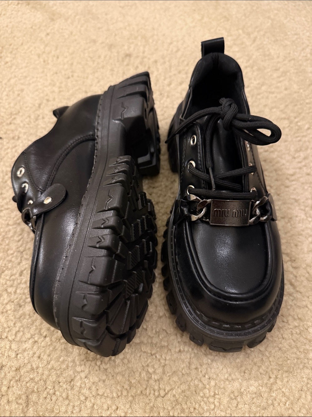 NWOT Black Platform Lace-Up Shoes with Chain Accent